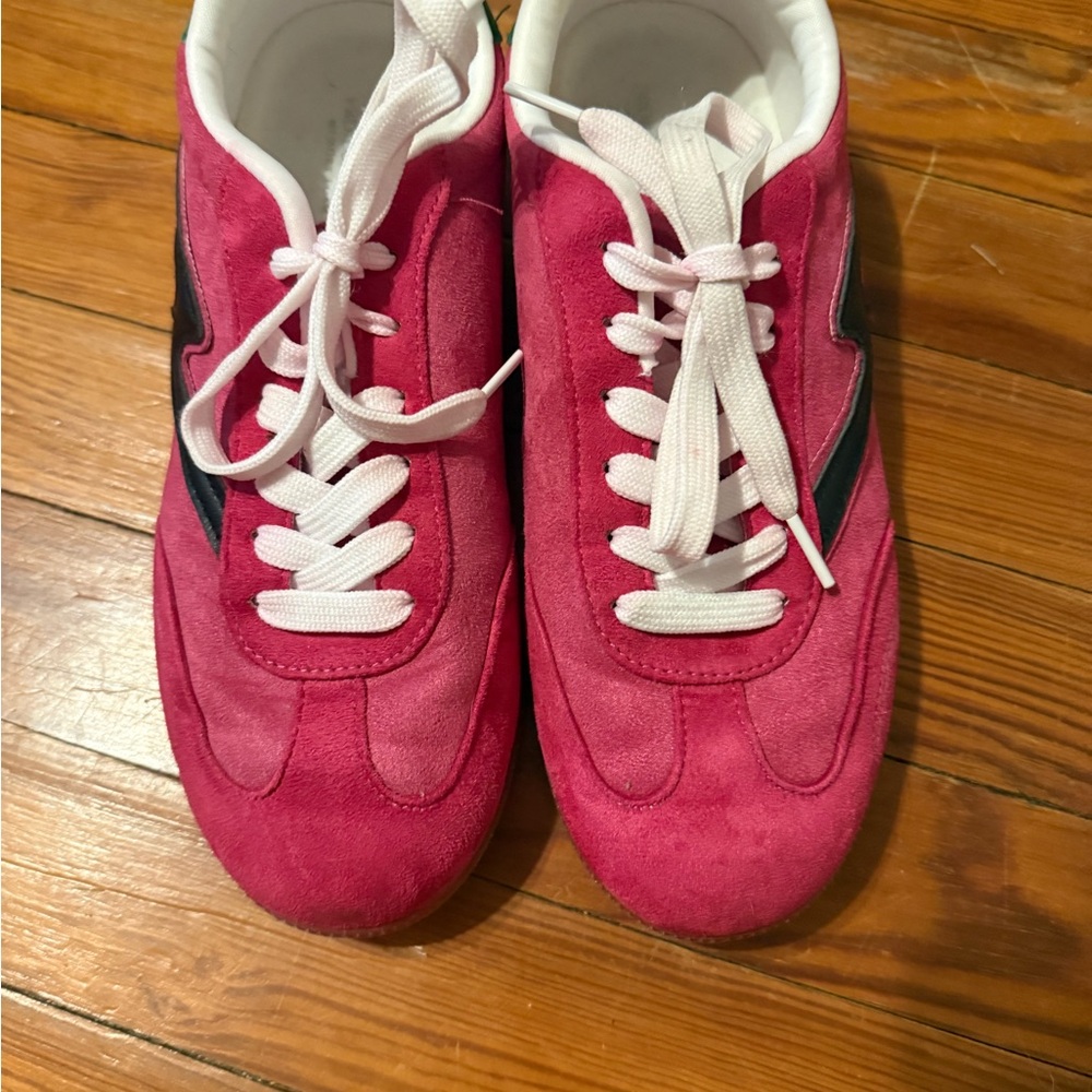 Pink Suede Sneakers with Black Accents